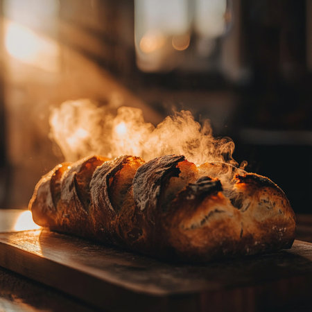 loaf of artisan bread rests on a wooden board steam rising gently in a cozy kitchen as sunlight filters through the window creating a warm atmosphere.の素材