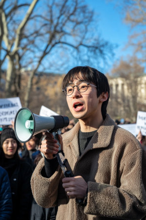 dedicated speaker passionately engages with the crowd using a megaphone surrounded by supporters holding signs under a clear blue sky.の素材