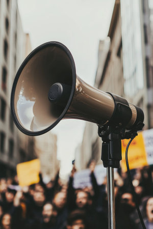 spirited speaker passionately addresses a crowd using a megaphone surrounded by supportive demonstrators holding signs in an urban setting.の素材