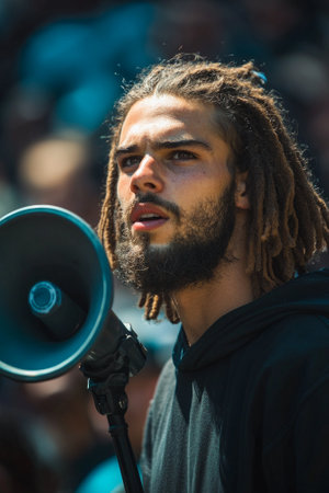 speaker passionately addresses an enthusiastic crowd using a megaphone capturing the emotions of supporters gathered around creating a powerful atmosphere.の素材