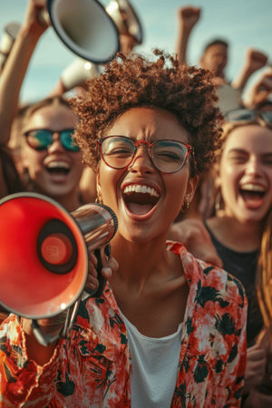 dynamic speaker passionately addresses a large crowd brandishing a megaphone and igniting emotions among supportive demonstrators showcasing unity and energy.の素材