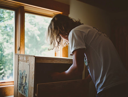 person is engrossed in building furniture in a home garage utilizing various tools while natural light enhances the cozy environment.の素材