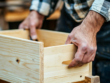 In a well lit garage a person focuses on assembling a wooden drawer as part of a DIY woodworking project showcasing craftsmanship and attention to detail.の素材