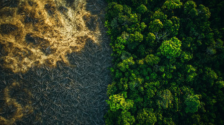 aerial perspective reveals a dramatic division between a barren deforested area and a lush green rainforest illustrating the impact of climate change and habitat destruction.の素材