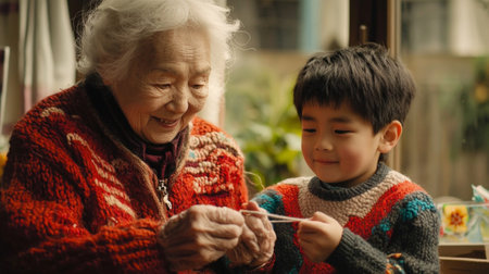 elderly woman patiently instructs a young boy on how to knit sharing her skills and wisdom in a warm inviting environment. Their connection highlights a beautiful bond.の素材