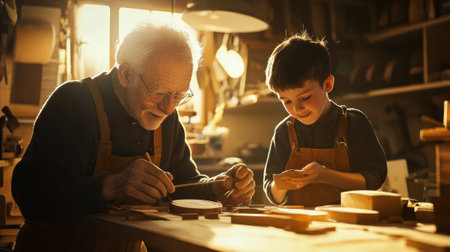 elderly mentor guides a young apprentice in woodworking imparting valuable skills and fostering an intergenerational connection in a warm inviting craft workshop.の素材