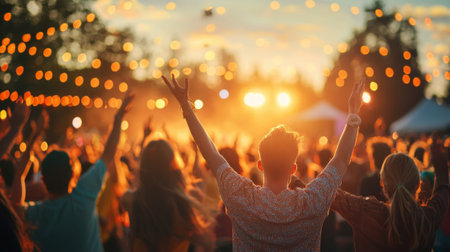 lively group of friends dances energetically enjoying the music at a bustling outdoor concert. The warm sunset casts a magical glow enhancing the joyful atmosphere.の素材