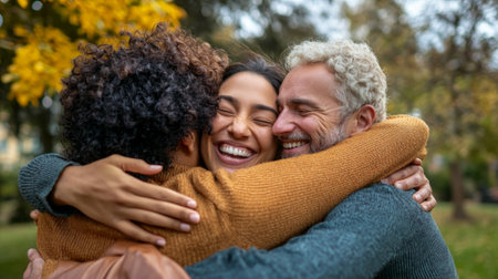 In a sunny park friends embrace with genuine smiles expressing joy at their reunion after a long separation due to the pandemic enjoying the moment together.の素材