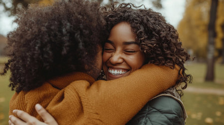 Two friends share a heartfelt embrace in a park radiating joy and connection as they reconnect after the challenges of the pandemic.の素材