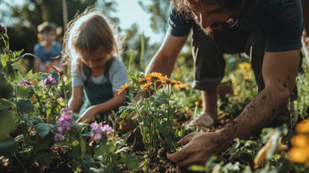 joyful family spends quality time in their garden planting colorful flowers as parents and children bond over gardening. They embrace natureâs beauty and learning together.の素材