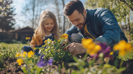 father and his daughter are engaged in planting vibrant flowers in their garden fostering a bond while enjoying the beauty of nature on a pleasant day.の素材