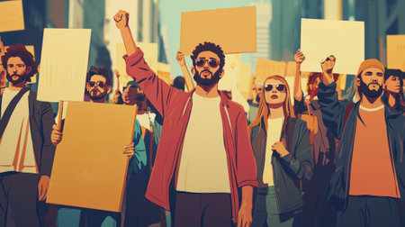 diverse group of peaceful protesters gathers in an urban area passionately advocating for social justice with signs expressing unity and hope creating a powerful atmosphere of activism.の素材