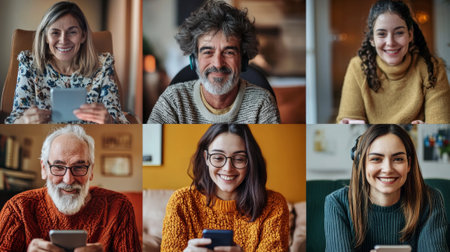 People of different ages share joyful moments through video calls on their mobile devices bridging distances and creating connections in a warm setting.の素材