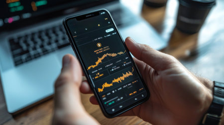person engages with their smartphone happily receiving a notification confirming a successful cryptocurrency transaction. The setting is a cozy coffee shop with a laptop in the background.の素材