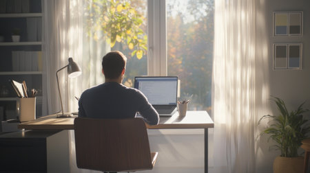 professional is participating in a virtual meeting from a sleek home office illuminated by natural light filtering through large windows.の素材