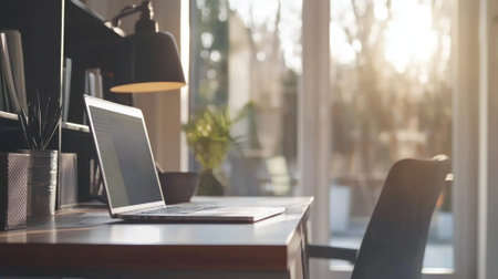 professional individual participates in an online meeting from a stylish home office with a laptop on a refined desk and soft natural light filling the space.の素材