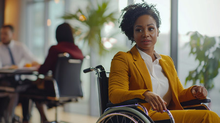 skilled professional woman in a wheelchair confidently leads a business meeting encouraging dialogue among team members in a contemporary office environment highlighting inclusivity.の素材