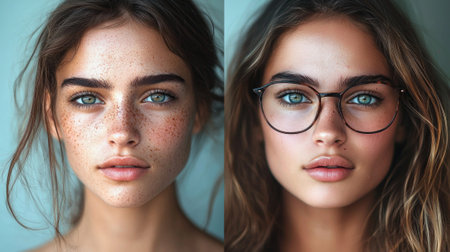young woman is depicted in two contrasting styles. On one side her natural beauty is highlighted while the other showcases her curated social media persona with makeup and glasses.の素材