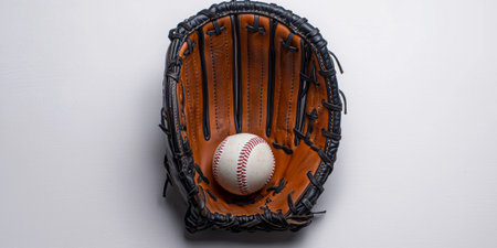 baseball glove cradles a ball showcasing intricate leather stitching and design in a bright studio setting. The arrangement emphasizes vintage sports gear aesthetics.の素材