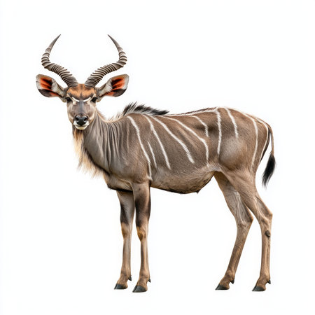 Exuding elegance, a lesser kudu stands tall, showcasing its beautifully striped coat and impressive long horns. The creature is set against a pristine white background, highlighting its features.の素材