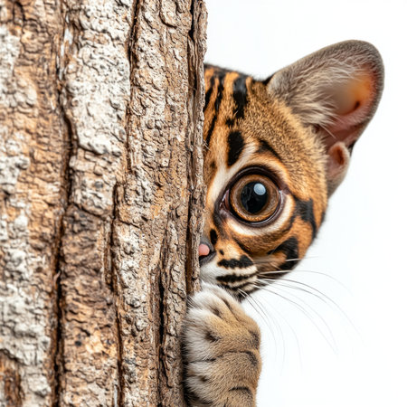 Nestled against a tree, the margay cat reveals its striking large eyes and beautifully patterned coat, embodying the elegance of wildlife in a moment of curiosity.の素材