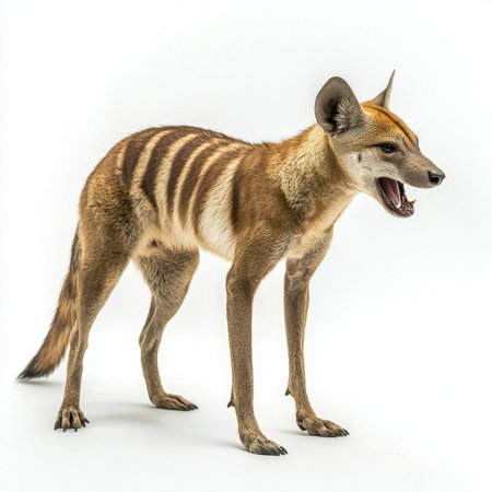 striking portrayal, a thylacine stands prominently with its mouth partially open, revealing its distinctive striped back. The crisp white background highlights its unique features and stance.の素材