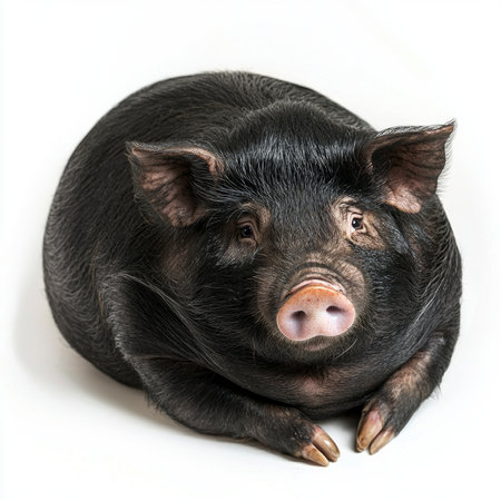 Vietnamese pot-bellied pig sits serenely, showcasing its adorable round shape and small snout, evoking a sense of tranquility and charm against a clean backdrop.の素材