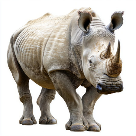 Witness the grandeur of a white rhino, showcasing its formidable horn and rugged skin as it stands confidently. This striking isolation highlights its natural beauty.の素材