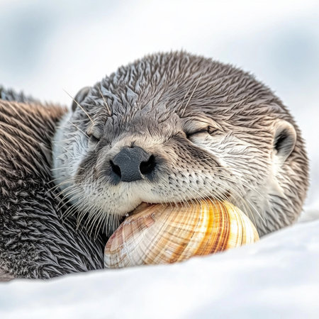 otter relaxes while floating on its back, cradling a shell on its belly. The calm expression highlights the peacefulness of this marine creatureâs serene moment.の素材