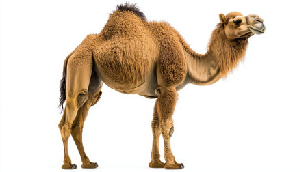 charming camel stands proudly on an isolated white backdrop, its head elegantly turned to one side, highlighting its distinctive humps and textured fur.の素材