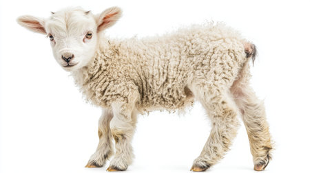 young lamb stands gracefully, its soft, wooly coat and gentle eyes reflecting innocence and serenity against a pure white backdrop, embodying natures beauty and tenderness.の素材