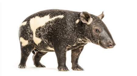 Malayan tapir stands confidently, displaying its remarkable black and white coat in a stunning contrast against a clean white background, showcasing its distinct features.の素材
