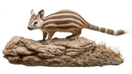 numbat stands confidently on a rocky surface, displaying its beautifully striped back and long tail, contrasting elegantly with the pure white background.の素材