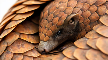 pangolin rests in a protective ball, revealing its intricate, scaly armor. This creature exhibits exceptional adaptations while isolated in a pure environment.の素材