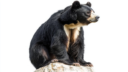 spectacled bear sits majestically on a rock, its striking facial markings highlighted. This solitary moment captures the elegance and beauty of this unique species.の素材