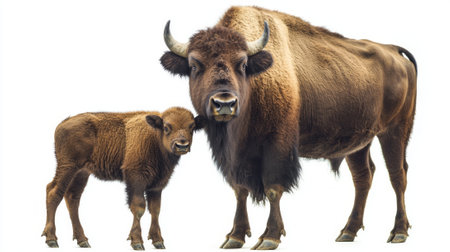 young European bison, with soft fur and budding horns, stands close to its protective mother, showcasing their bond against a clean white backdrop.の素材