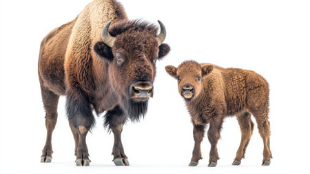 adorable young European bison stands beside its mother, both displaying their soft fur and small, budding horns in perfect harmony against a serene white backdrop.の素材
