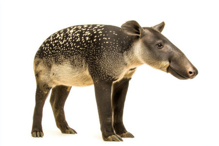 Bairdâs tapir stands firmly, displaying its long snout and short legs against a pristine white backdrop, highlighting its unique markings and body structure.の素材