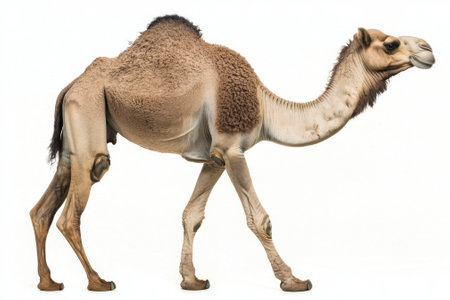 striking dromedary camel is captured in mid-stride, its elegant form emphasized by the clear white backgroundの素材