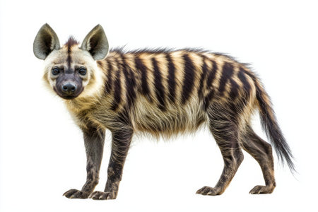 With its head poised and alert, the striped hyena displays its distinctive striped fur. The animal exudes curiosity and readiness, contrasting beautifully with the white background.の素材