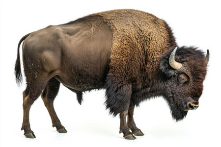 powerful American bison grazes contentedly, its thick neck and large head dominating the frame, exemplifying the strength and grace of this iconic species.の素材
