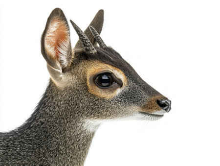 blue duiker poses gracefully, highlighting its striking features and small horns. The sleek creature embodies elegance, isolated in a minimalistic setting that accentuates its beauty.の素材