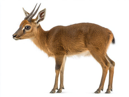 blue duiker is captured in profile, highlighting its elegant form and distinctive small horns. This solitary animal epitomizes the beauty of nature with its delicate features.の素材