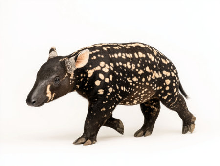 Brazilian tapir strides with confidence, its muscular body highlighted against a bright background, capturing the elegance of this unique animal in motion.の素材