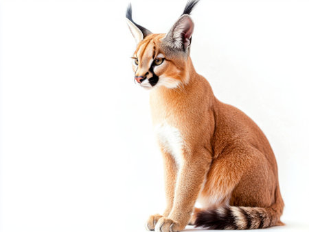 majestic caracal sits poised, its tufted ears attentively pointed forward. The felineâs striking blend of colors stands out vividly against the white backdrop.の素材