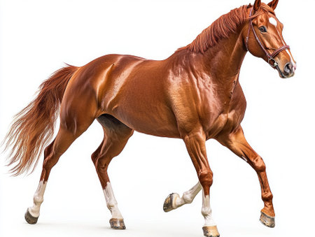 magnificent chestnut horse is captured mid-trot, displaying its strong physique and graceful movements. The flowing mane and raised tail create a stunning visual against a clean backdrop.の素材