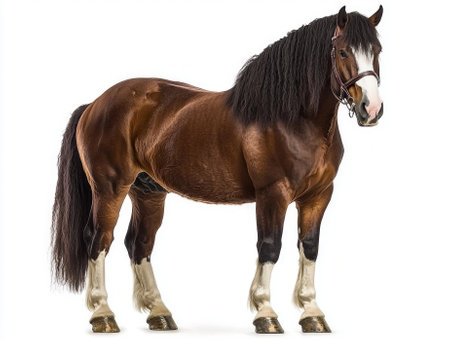 magnificent Clydesdale exhibits its impressive stature and flowing mane, embodying elegance and strength while standing confidently against a white backdrop.の素材