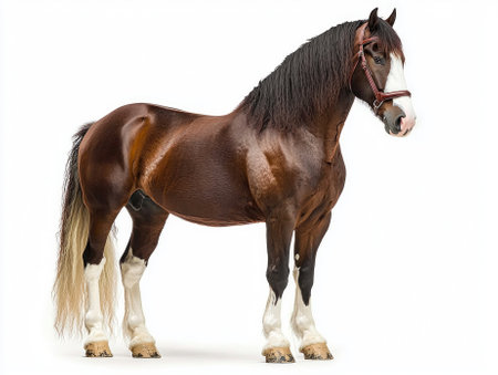 magnificent Clydesdale horse stands proudly, showcasing its thick legs and flowing mane. The striking details highlight its muscular build and noble presence, emphasizing its beauty and strength.の素材