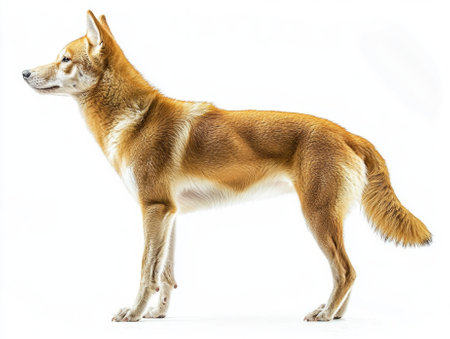 dingo stands poised and alert, showcasing its athletic physique and keen expression. This setting emphasizes the beauty and wild nature of this iconic Australian animal.の素材