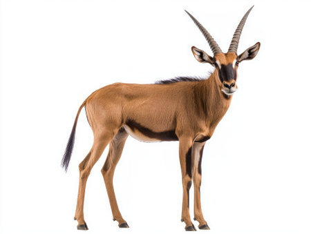 striking hartebeest poses elegantly, showcasing its tall stature and sharp horns while standing confidently against a pristine white backdrop, emphasizing its natural beauty.の素材
